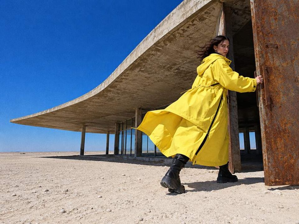 A woman in a bright yellow coat pulls open the rusted steel door of an abandoned modernist concrete pavilion in the desert
