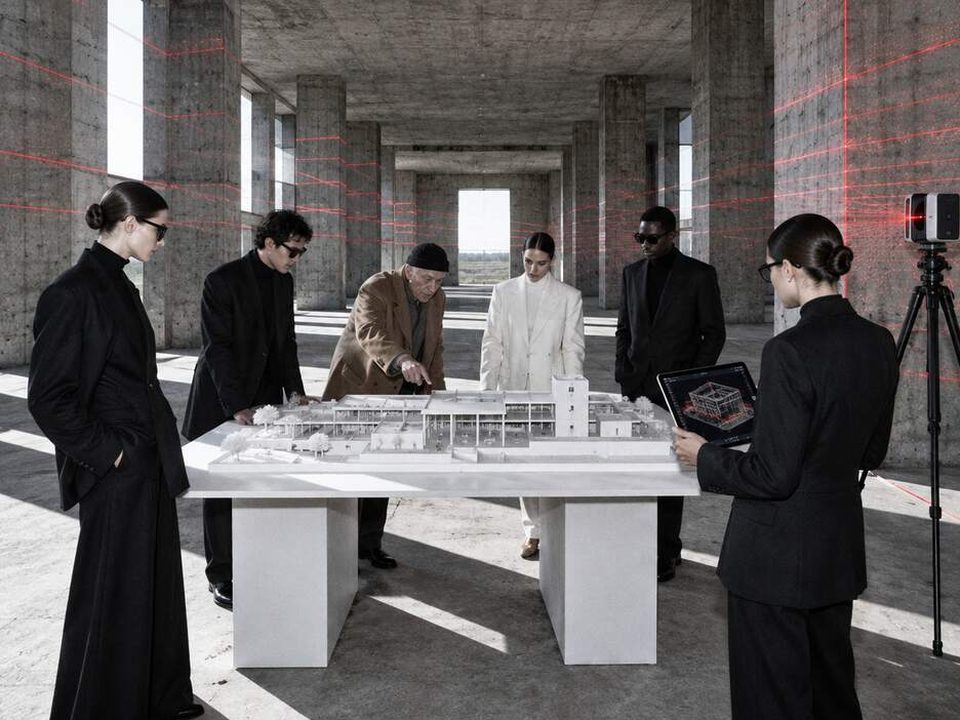 Curators in black and white tailoring and a local elder study a white model of the building in a raw concrete hall, while a laser scanner maps the walls in red lines