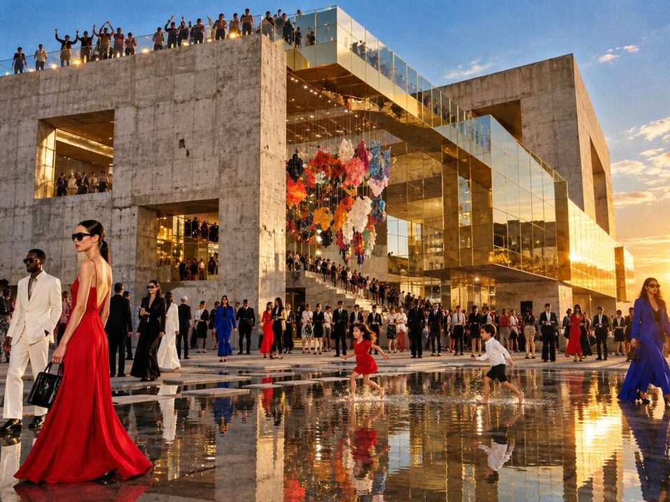 The transformed building at sunset with a mirrored glass extension, a crowd on the roof, a hanging art installation and children running across a mirror pool